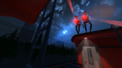 Captura de pantalla de Budget Cuts Ultimate con dos robots en el techo de un edificio que iluminan al jugador con luces rojas