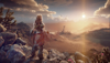 Horizon Forbidden West εικαστικό προώθησης που απεικονίζει την Aloy να στέκεται σε μια βουνοπλαγιά.