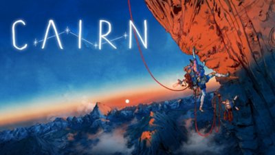 Key art from Cairn featuring a character climbing a steep vertical rock face.