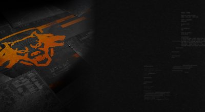 Dark background image with orange logo of three-headed dog