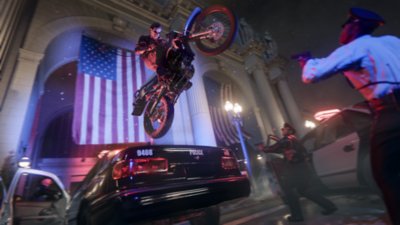 Call of Duty Black Ops 6 - motocicleta volando sobre móvil policial