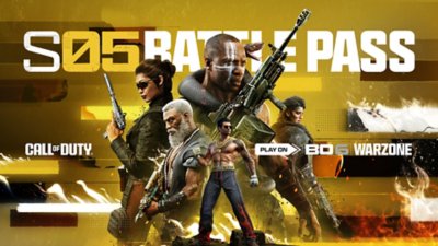 Call of Duty Black Ops 6 Season 04 Battle Pass key art depicting five character posing in outfits and with weapons exclusive to the Season 05 Battle Pass.