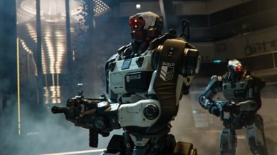 Two robotic soldiers standing with their firearms.