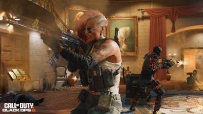 لقطة شاشة من لعبة Call of Duty Black Ops 6 تُظهر Sev Dumas توجه سلاحها على عدو خارج الشاشة