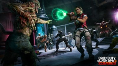 لقطة شاشة لوضع Zombies من Call of Duty تُظهر عميلًا يطلق النار من مسدس شعاعي على الزومبي بينما يتصدى ثلاثة عملاء آخرون للزومبي في الخلفية.