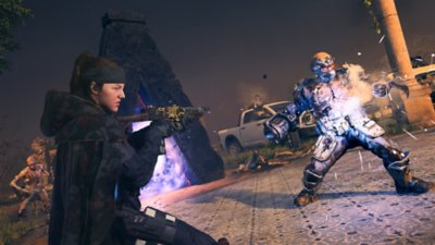 Captura de pantalla de la temporada 3 de Call of Duty que muestra a un operador luchando contra un gigantesco zombi blindado