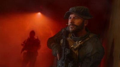 Capture d'écran de Call of Duty: Modern Warfare III montrant Kyle "Gaz" Garrick qui regarde derrière un coin