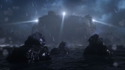 Call of Duty: Modern Warfare III screenshot showing three Operators approaching structure from water