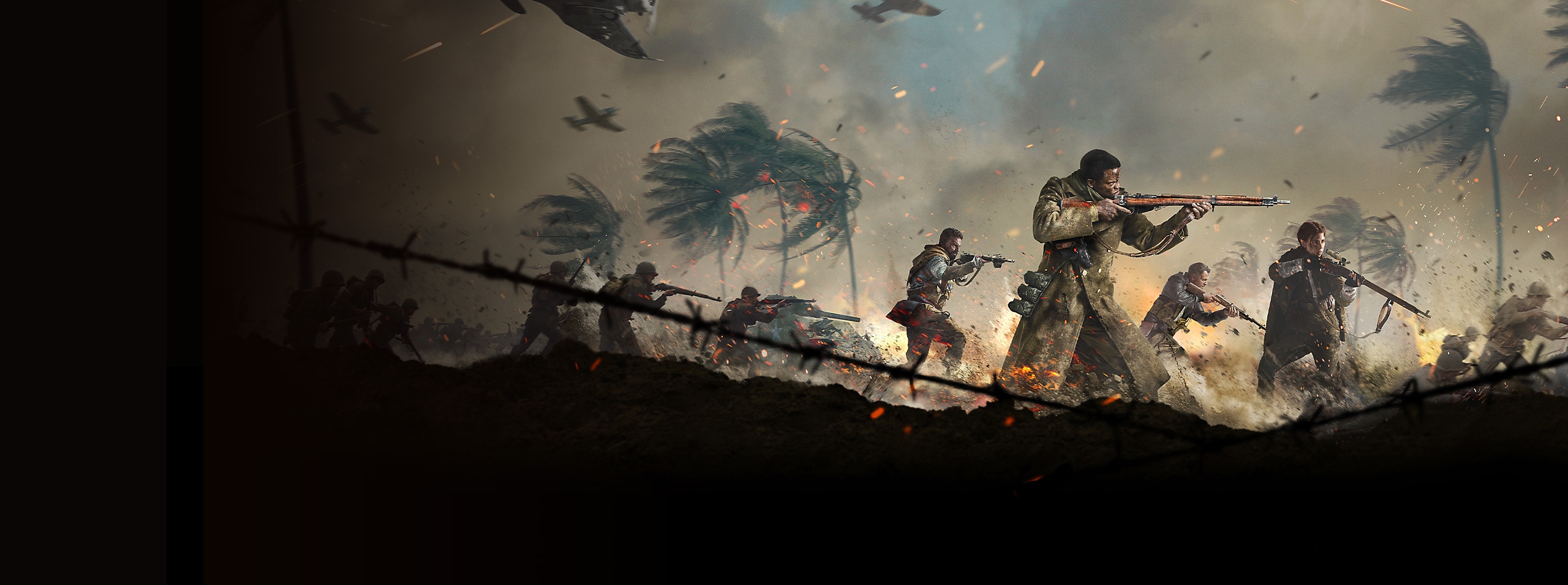 Key art for Call of Duty Vanguard, featuring several soldiers moving across an active battlefield.