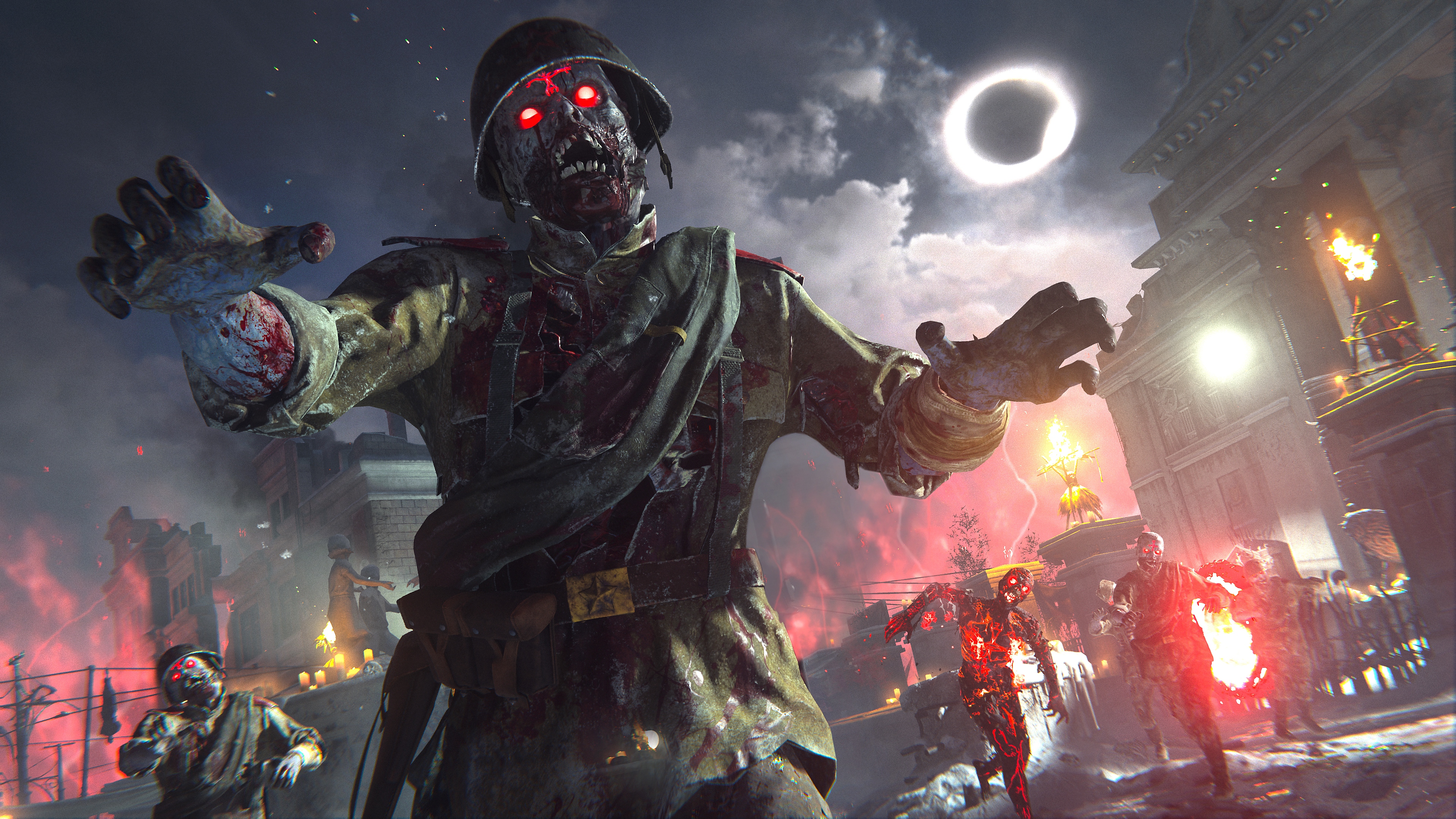 Ein Screenshot aus Call of Duty Vanguard, der einen Zombie mit leuchtend roten Augen zeigt