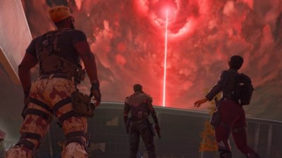 Call of Duty Warzone screenshot showing three Operators witnessing a red beam emerging from the sky.