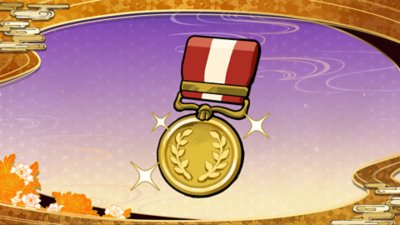 A gold medal with a laurel design hanging from a red and white ribbon on a stylised purple background.