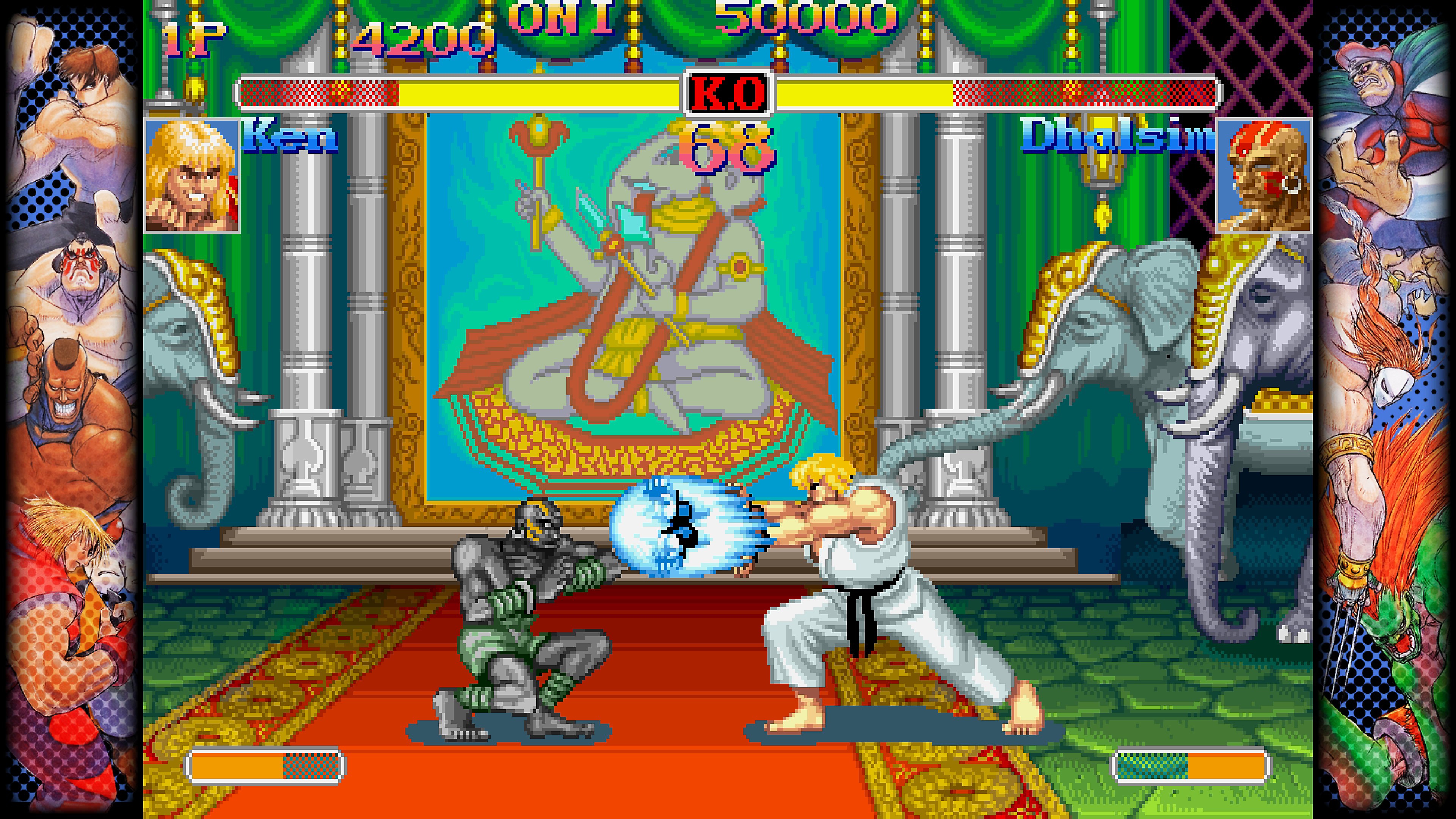 Captura de pantalla de Capcom Fighting Collection que muestra una pelea entre dos personajes