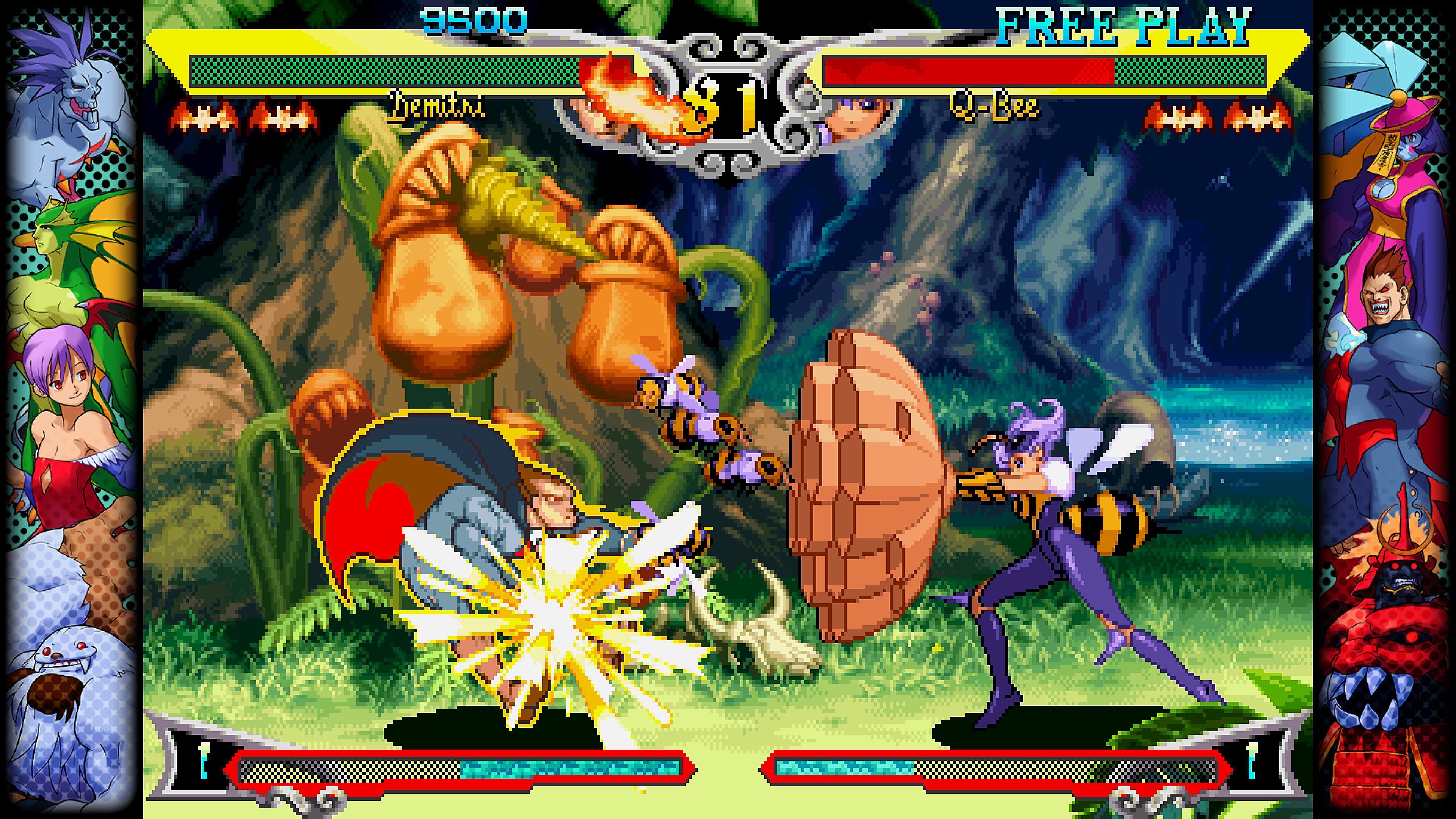 Skjermbilde fra Capcom Fighting Collection av en slåsskamp mellom to figurer