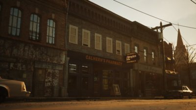 The Casting of Frank Stone screenshot showing the exterior of Calhern's Pharmacy