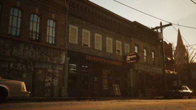 Captura de tela de The Casting of Frank Stone mostrando o exterior da Calhern's Pharmacy