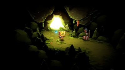 Cat Quest III-screenshot van het personage van de speler in een grot