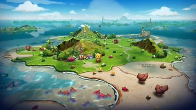 Cat Quest III-screenshot van een omgeving met heuvels en een strand