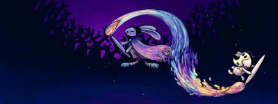 Ilustración de Chicory: A Colorful Tale que muestra a Chicory pintando un camino multicolor