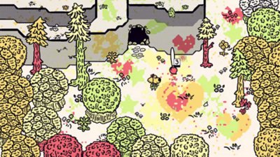 Captura de pantalla de Chicory: A Colorful Tale que muestra al personaje principal pintando una escena boscosa