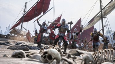 Captura de pantalla de Chivalry 2 que muestra a soldados victoriosos en un campo de batalla