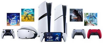 Hero image featuring PlayStation VR 2 headset, PS5 and PS5 Pro consoles, two Dualsense controllers, PlayStation Portal, DualSense Edge, and key art from The Last of Us Part II Remastered, ASTRO BOT, Helldivers 2 and Horizon Forbidden West.