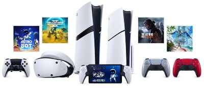 Imagem de destaque mostrando o headset PlayStation VR 2, consoles PS5 e PS5 Pro, dois controles DualSense, PlayStation Portal, DualSense Edge e arte promocional de The Last of Us Part II Remastered, ASTRO BOT, Helldivers 2 e Horizon Forbidden West.