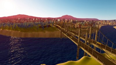Cities: VR – snímek obrazovky zobrazující visutý most spojující dva břehy řeky