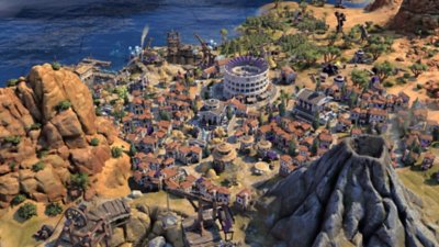 Sid Meier's Civilization VII screenshot showing a city with a colosseum-like arena and a volcano nearby