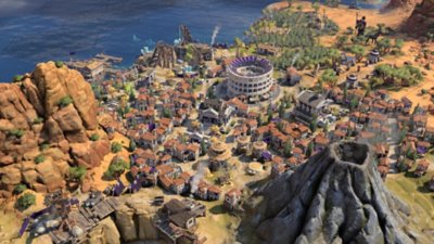 Sid Meier's Civilization VII - Screenshot che mostra una città con un'arena simile al Colosseo e un vulcano nelle vicinanze