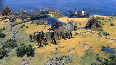 Civilization VII screenshot showing clashing armies near a coastal settlement