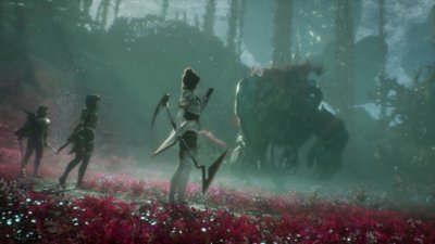 Gameplay screenshot from Clair Obscur: Expedition 33 depicting three characters facing off against a huge fantastical monster.