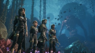 Gameplay screenshot from Clair Obscur: Expedition 33 depicting four characters in a vibrant fantasy location.