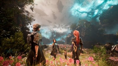Gameplay screenshot from Clair Obscur: Expedition 33 depicting three characters crossing a flower-covered landscape.