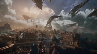 Gameplay screenshot from Clair Obscur: Expedition 33 depicting a city scape breaking apart and floating away.