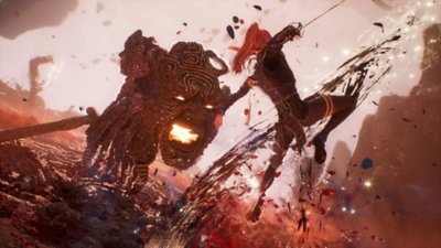 Gameplay screenshot from Clair Obscur: Expedition 33 depicting a character with a sword battling a stone demon.