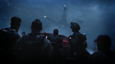 Captura de pantalla de Call of Duty: Modern Warfare 2 2022 que muestra cinco personajes navegando en un bote por aguas turbulentas