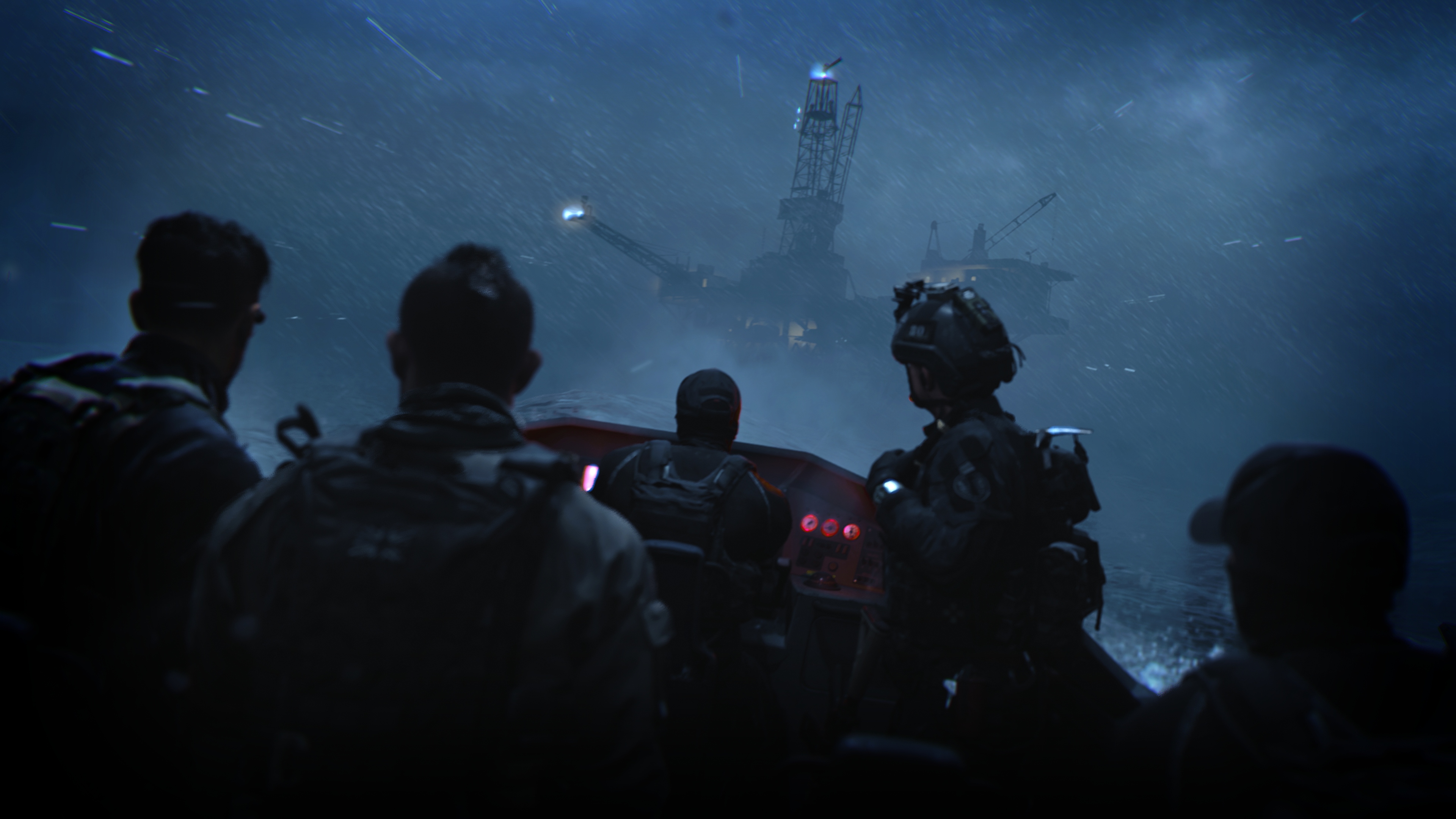 Call of Duty: Modern Warfare 2 2022-screenshot van vijf personages op een boot op een woeste zee