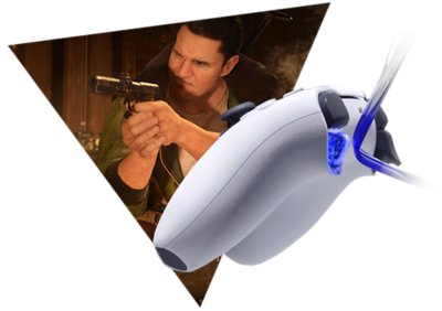 COD Vanguard-artwork voor PS5-kenmerken over de adaptieve triggers, waarop een personage te zien is dat een wapen richt, omringd door de vorm van de PlayStation-driehoek