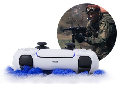 COD Vanguard PS5-funksjoner – illustrasjon som viser haptiske tilbakemeldinger, med et bilde av en karakter som sikter med et våpen, rammet inn av PlayStation-sirkelen.