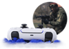 Grafika ze hry COD Vanguard pro PS5 propagující haptickou odezvu s postavou se zamířenou zbraní orámovanou kolečkem PlayStation