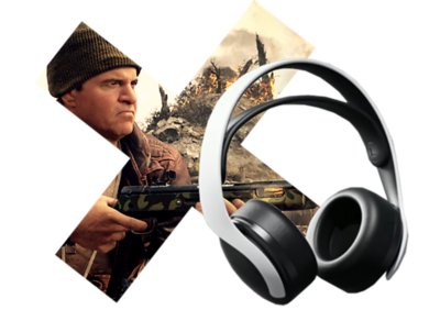 Ein PS5-Feature-Artwork zum 3D-Audio für Call of Duty Vanguard. Dargestellt wird ein Charakter, der mit einer Waffe zielt, umrahmt von einem PlayStation-Kreuz-Symbol.