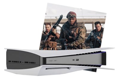 PS5版《使命召唤：先锋》特色美术设计，描写在PlayStation正方形框中，三位角色将武器瞄准，展现活动功能卡功能