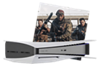 PS5版《決勝時刻：先鋒》特色美術設計，描寫在PlayStation正方形框中，三位角色將武器瞄準，展現行動分頁卡功能