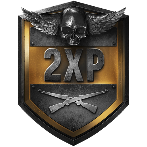 Call of Duty Vanguard double XP logo - a shield with a skull and two rifles crossed