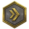 Call of Duty Vanguard party bonus logo - chevron arrows inside a hexagon shaped-shield