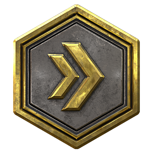 Call of Duty Vanguard party bonus logo - chevron arrows inside a hexagon shaped-shield