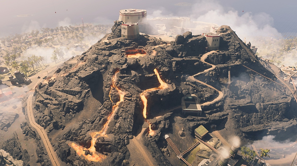 화산 아래로 용암이 흘러내리는 장면을 보여주는 Call of Duty Warzone 스크린샷