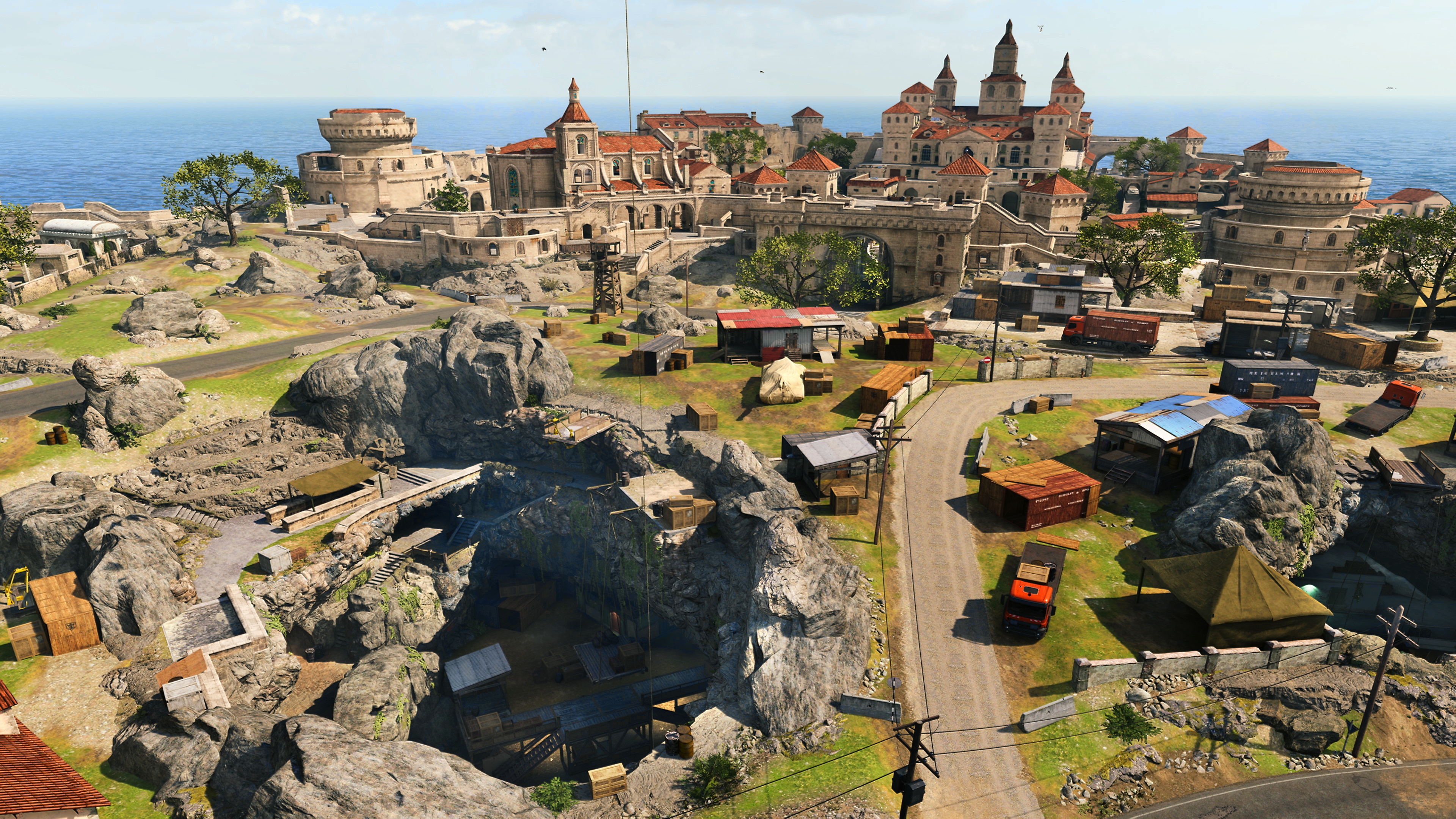 A Call of Duty Warzone képernyőképe, rajta az új Fortune's Keep pálya – a város panorámaképe