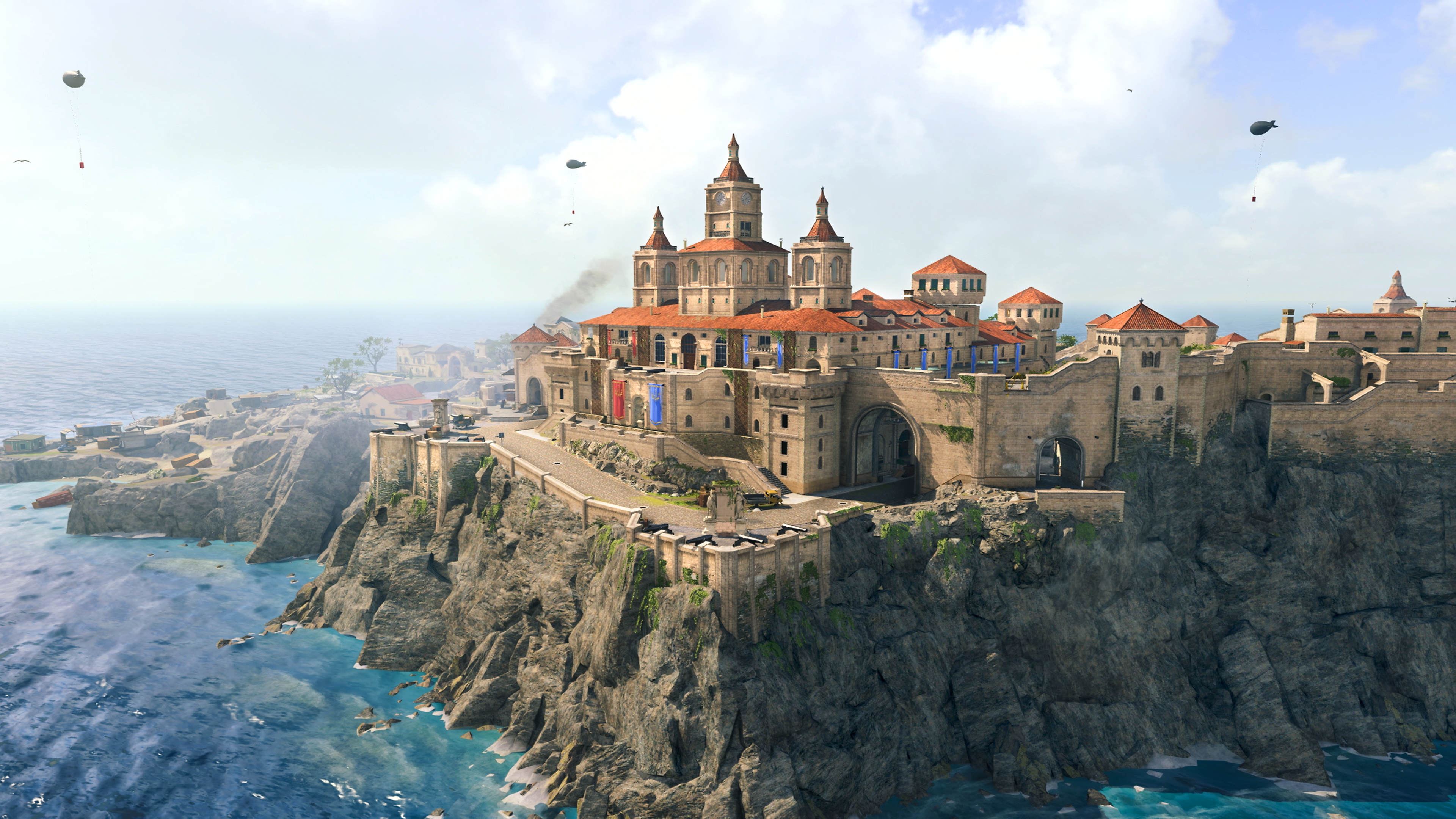 لقطة شاشة من لعبة Call of Duty Warzone لخريطة جديدة "حصن الثروات" تُظهر مبنى كبير بجوار منحدر بجانب المحيط